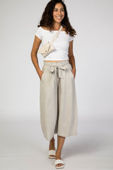 Taupe Linen Waist Tie Crop Wide Leg Pants