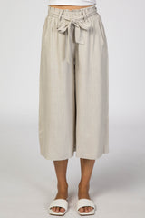 Taupe Linen Waist Tie Crop Wide Leg Pants