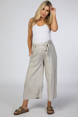 Taupe Linen Waist Tie Crop Wide Leg Maternity Pants