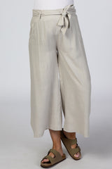 Taupe Linen Waist Tie Crop Wide Leg Maternity Pants