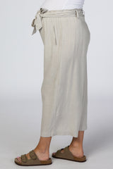 Taupe Linen Waist Tie Crop Wide Leg Maternity Pants