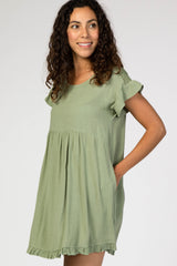 Light Olive Linen Crochet Shoulder Ruffle Trim Dress