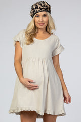 Beige Linen Crochet Shoulder Ruffle Trim Maternity Dress