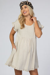 Beige Linen Crochet Shoulder Ruffle Trim Maternity Dress