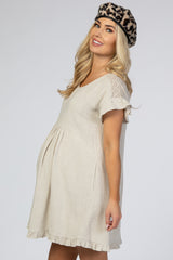 Beige Linen Crochet Shoulder Ruffle Trim Maternity Dress