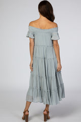 Blue Smocked Off Shoulder Ruffle Tiered Midi Dress