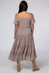 Mauve Smocked Off Shoulder Ruffle Tiered Maternity Midi Dress