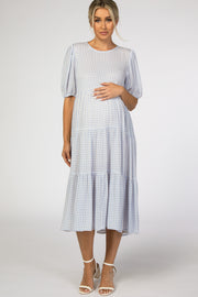 Blue Gingham Tiered Maternity Midi Dress