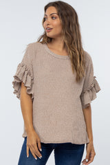 Taupe Ruffle Sleeve Knit Maternity Top