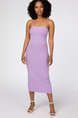 Lavender Square Neck Ribbed Fitted Maternity Midi Dress