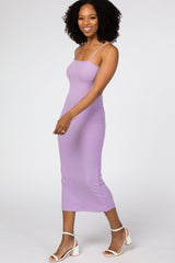 Lavender Square Neck Ribbed Fitted Midi Dress