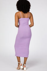 Lavender Square Neck Ribbed Fitted Midi Dress