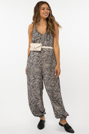 Black Leaf Print Shoulder Tie Maternity Jumpsuit