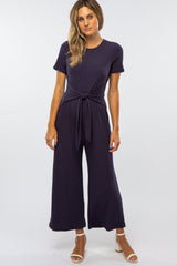 Navy Ribbed Knot Tie Cropped Jumpsuit