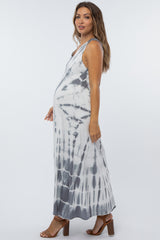 Grey Tie Dye V-Neck Maternity Midi Dress