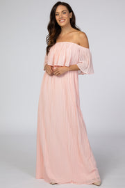 Light Pink Chiffon Pleated Off Shoulder Maxi Dress