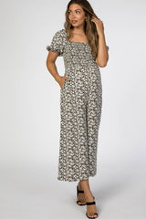 Black Floral Satin Smocked Square Neck Maternity Jumpsuit