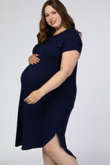 Navy Short Sleeve Maternity Plus Midi Dress