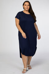 Navy Short Sleeve Plus Midi Dress