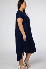 Navy Short Sleeve Plus Midi Dress