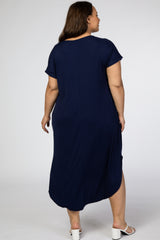 Navy Short Sleeve Plus Midi Dress