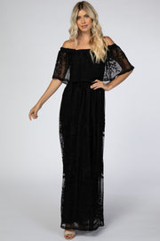 Black Lace Overlay Off Shoulder Flounce Maxi Dress