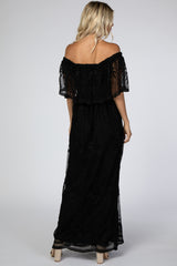 Black Lace Overlay Off Shoulder Flounce Maxi Dress