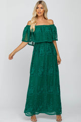 Forest Green Lace Overlay Off Shoulder Flounce Maternity Maxi Dress