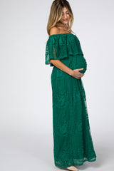 Forest Green Lace Overlay Off Shoulder Flounce Maternity Maxi Dress