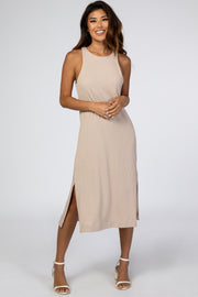 Beige Ribbed Side Slit Midi Dress