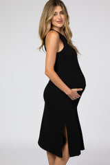 Black Ribbed Side Slit Maternity Midi Dress