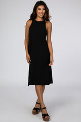 Black Ribbed Side Slit Maternity Midi Dress