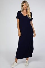 Navy Curved Hem Maternity Maxi Dress