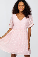 Light Pink V-Neck Swiss Dot Dress