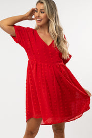 Red V-Neck Swiss Dot Maternity Dress