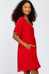 Red V-Neck Swiss Dot Dress