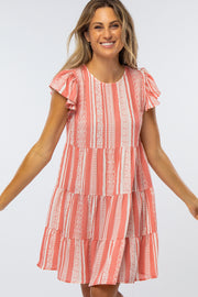 Salmon Multi-Printed Tiered Dress