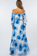 Blue Floral Off Shoulder Maxi Dress