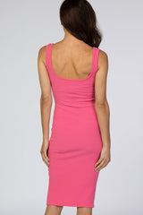 Pink Ribbed Square Neck Dress