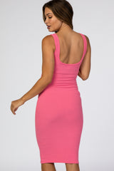 Pink Ribbed Square Neck Maternity Dress