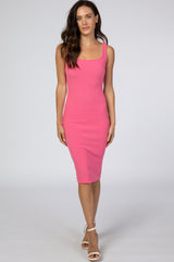 Pink Ribbed Square Neck Dress