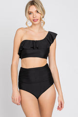 Black One Shoulder High Waisted Bikini Set