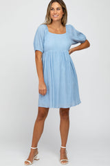 Light Blue Puff Sleeve Textured Maternity Dress