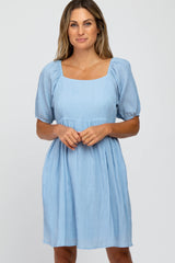 Light Blue Puff Sleeve Textured Dress