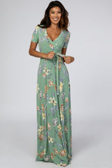 Light Olive Floral Maternity Wrap Dress