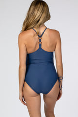 Blue Ruched Side O-Ring Back Maternity One Piece Swimsuit