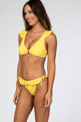 Yellow Ribbed Ruffle Trim Bikini Set