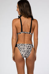 Taupe Animal Print Color Blocked Shoulder Tie Bikini Set