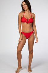 Red Halter Front Tied Circle Cutout Bikini Maternity Set