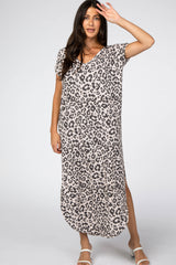 Taupe Leopard Print Curved Hem Maternity Maxi Dress